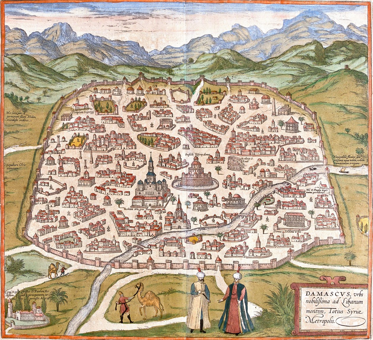 Widok Damaszku (Damaszek), Syria (akwaforta autorstwa Franz Hogenberg