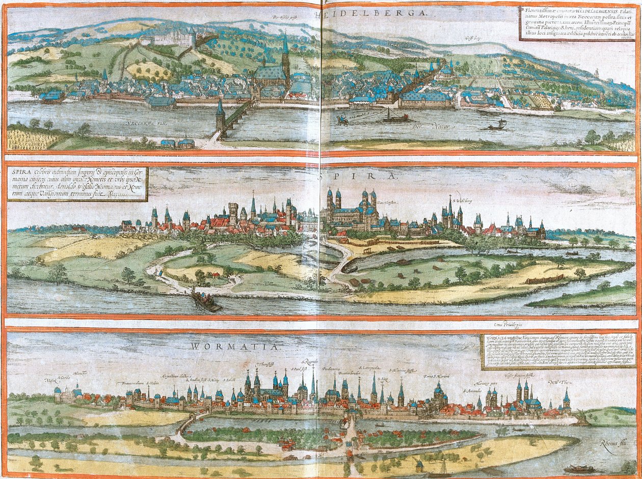 Widok na Heidelberg (Heidelberga), Spire (Spira) i Worms (Wormatia), Niemcy (akwaforta autorstwa Franz Hogenberg