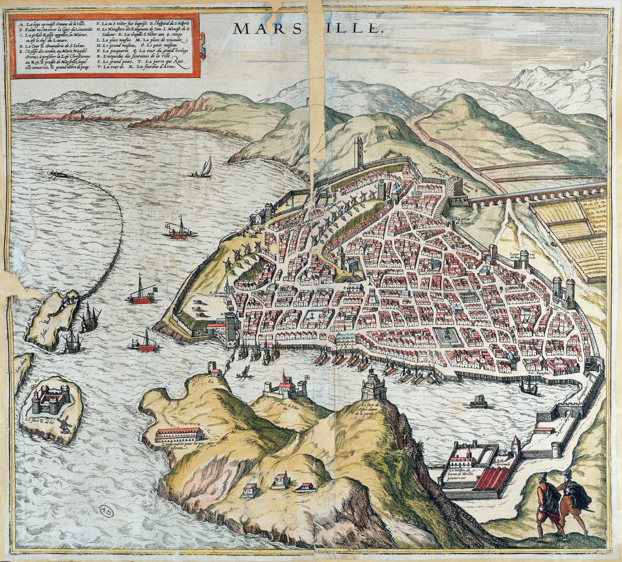 Widok Marsylii w XVI wieku, u dołu po lewej stronie szpital dla trędowatych, z „Le Théâtre du Monde” Georga Brauna, 1599 autorstwa Franz Hogenberg