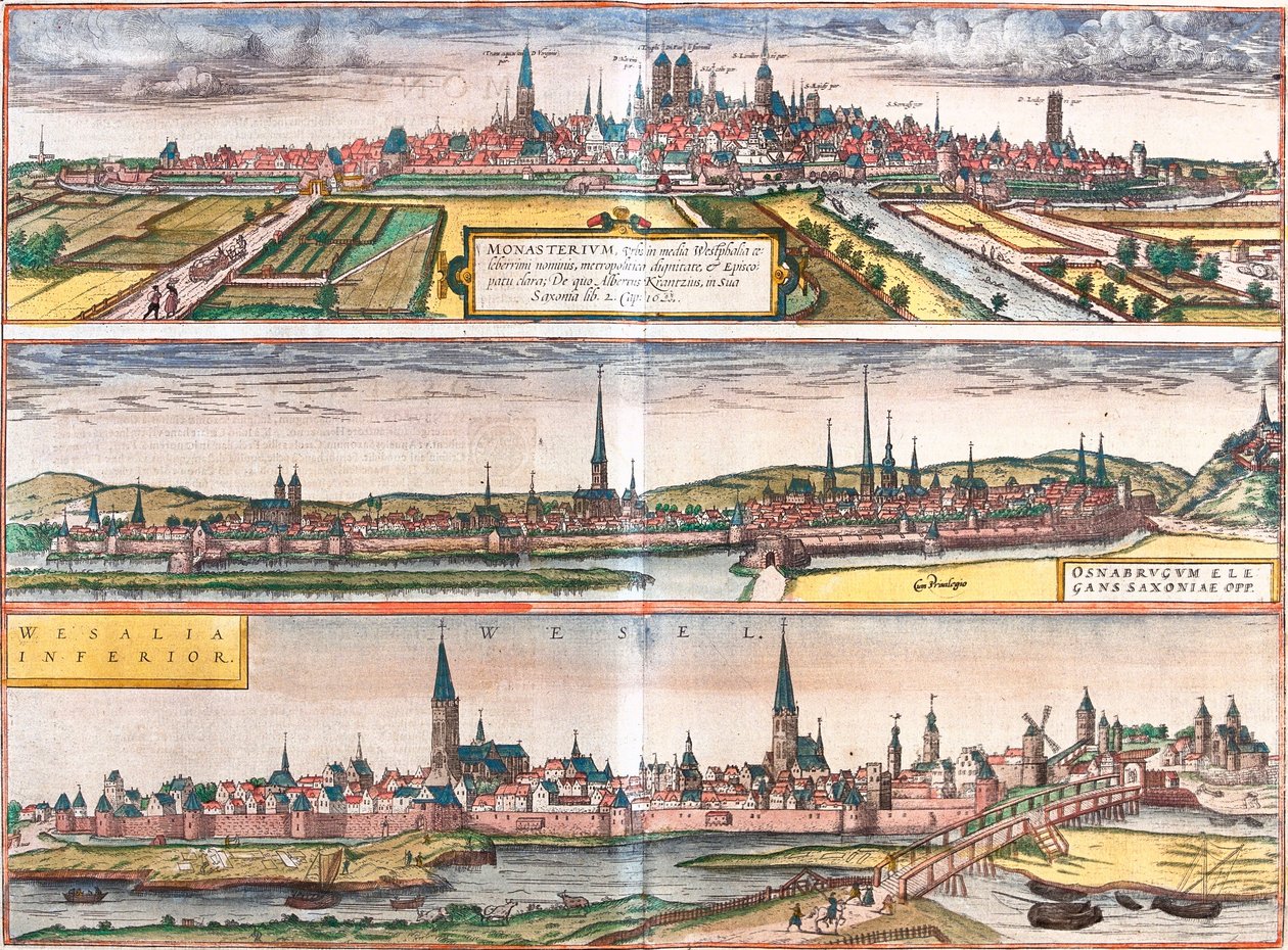 Widok na Munster (Monasterium), Osnabruck (Osnabrugum) i Wesel (Weselia), Niemcy (akwaforta autorstwa Franz Hogenberg