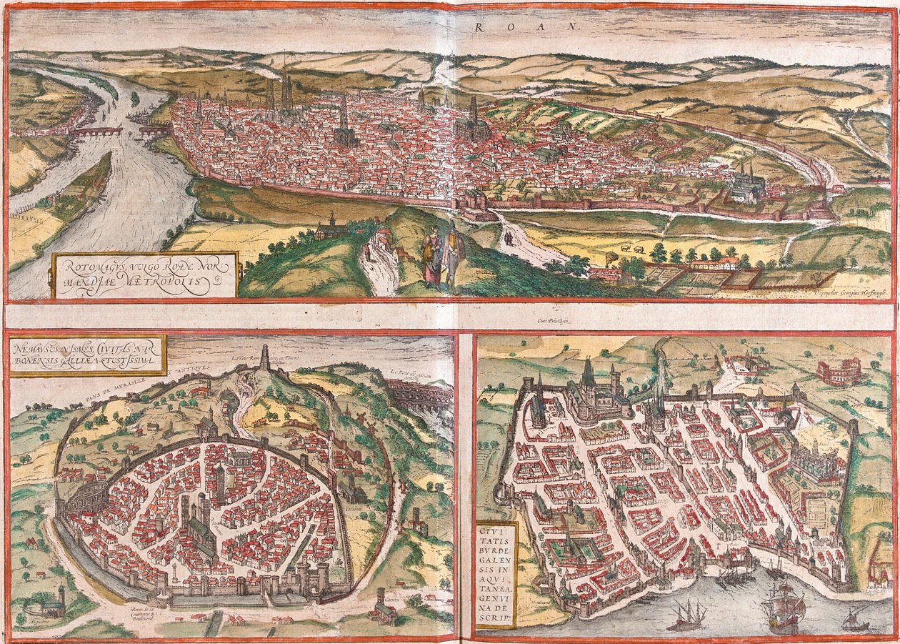 Widok na Rouen (Rotomagus), Nimes (Nemausus) i Bordeaux (Burdigala), Francja (akwaforta). autorstwa Franz Hogenberg
