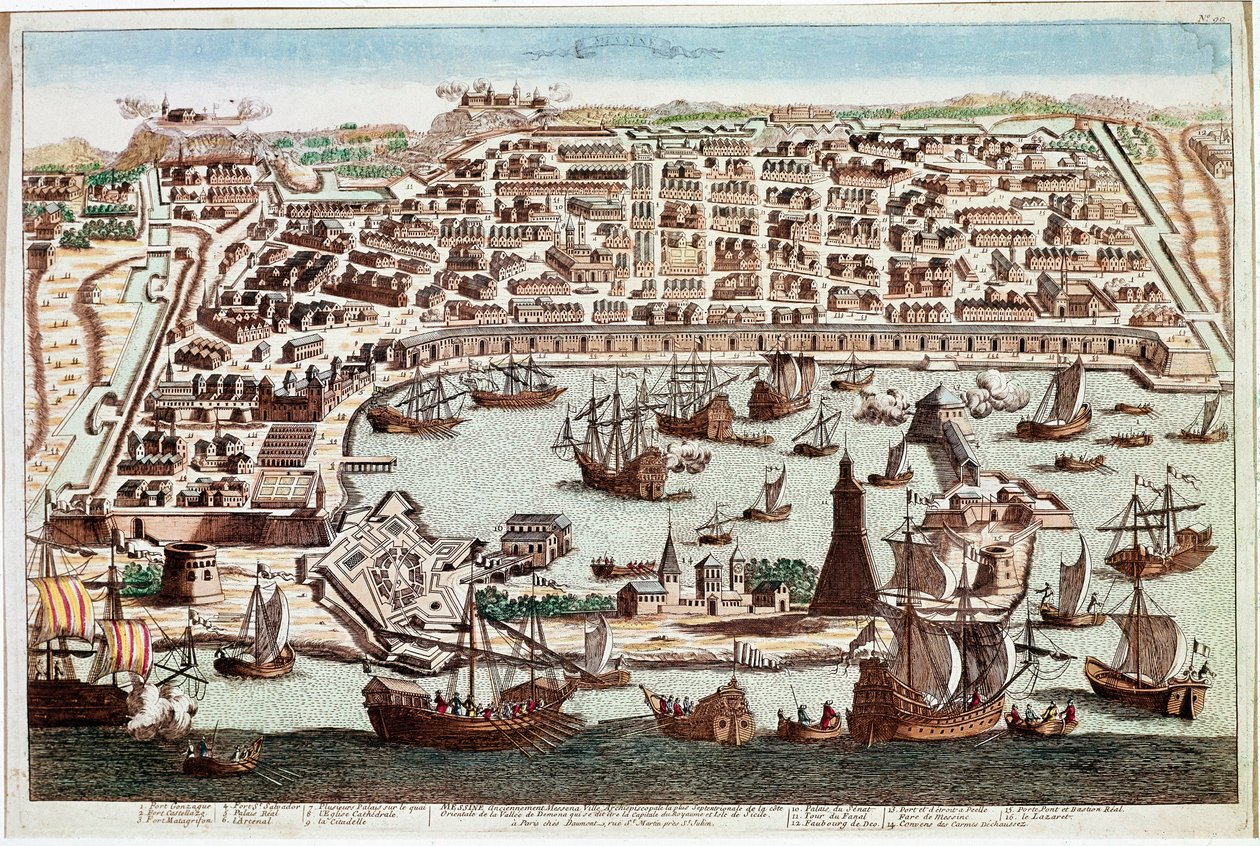 Widok miasta Mesyny na Sycylii - Grawer Franza Hogenberga (1535-1590) z „”Civitatis Orbis Terranum”” Brauna i Hogenberga - 1594 (Widok miasta Mesyna, Sycylia - Grawer Franza Hogenberga (1535-1590) ) z „” Civitatis Hobis Terran autorstwa Franz Hogenberg
