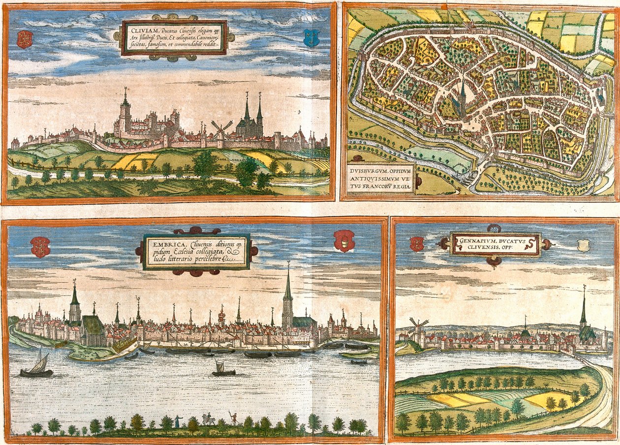 Widoki i plany Cleves (Cliviam), Duisburga (Duisburgum), Emmerich am Rhein (Embrica) w Niemczech i Genappe w Belgii (akwaforta autorstwa Franz Hogenberg