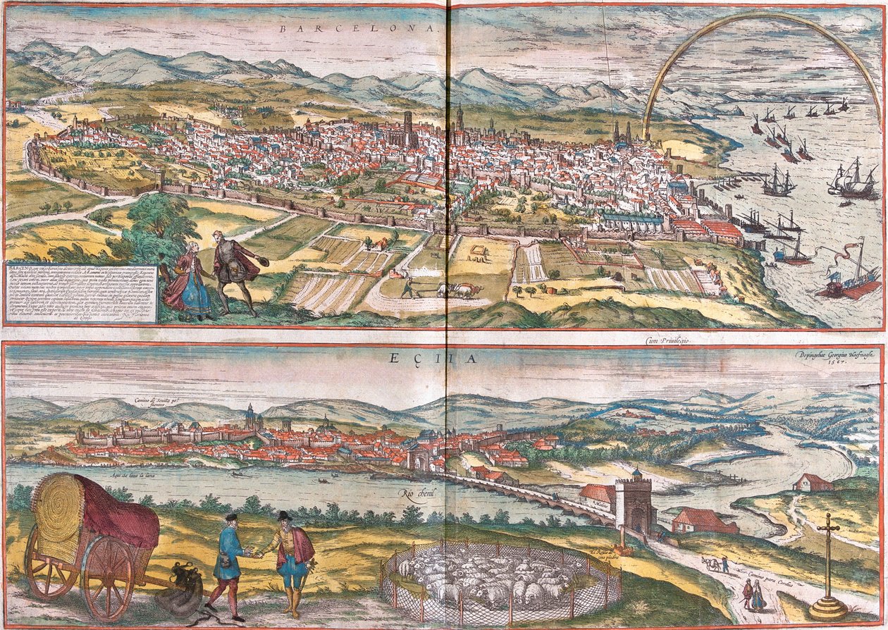 Widoki Barcelony i Ecija (Eciia), Hiszpania (akwaforta autorstwa Franz Hogenberg
