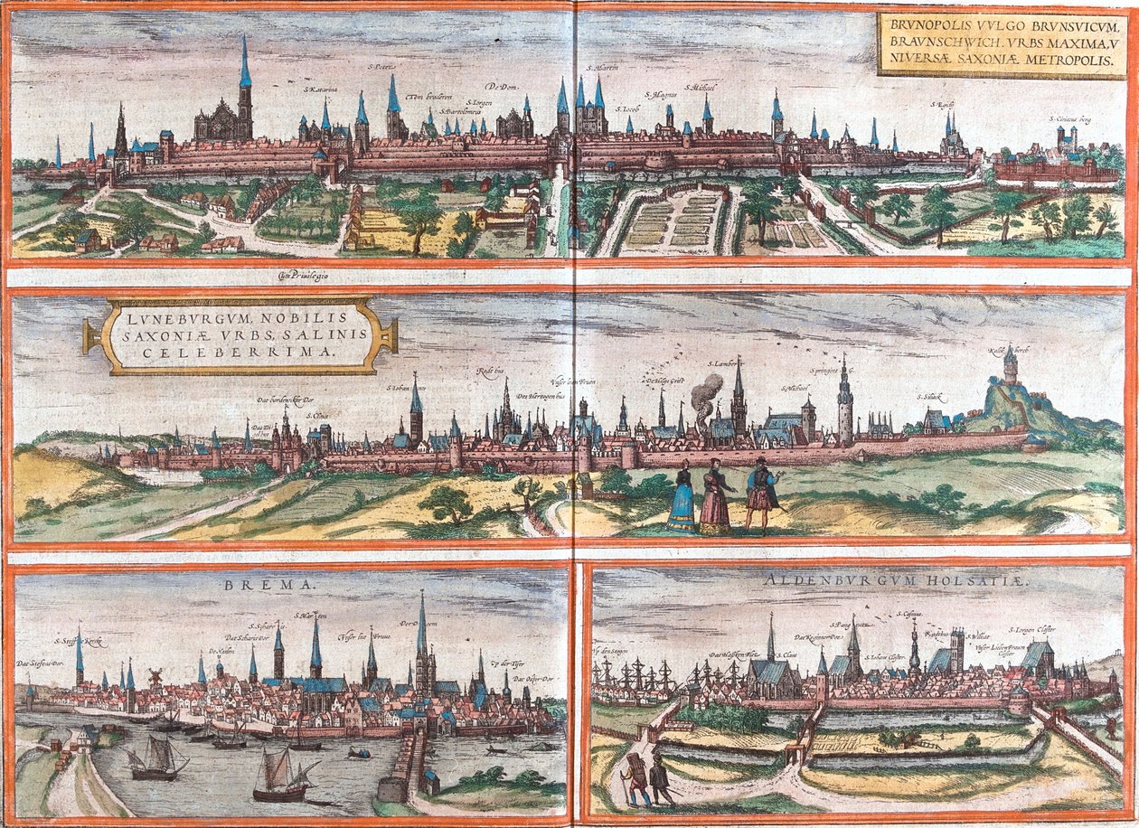 Widoki na Brunszwik (Brusvicum), Lüneburg (Loneburgum), Breme (Brema) i Oldenburg (Aldenburgum), Niemcy (akwaforta autorstwa Franz Hogenberg