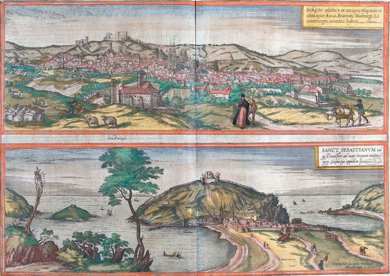 Widoki Burgos i San Sebastian (lub Donostia), Hiszpania (akwaforta) autorstwa Franz Hogenberg