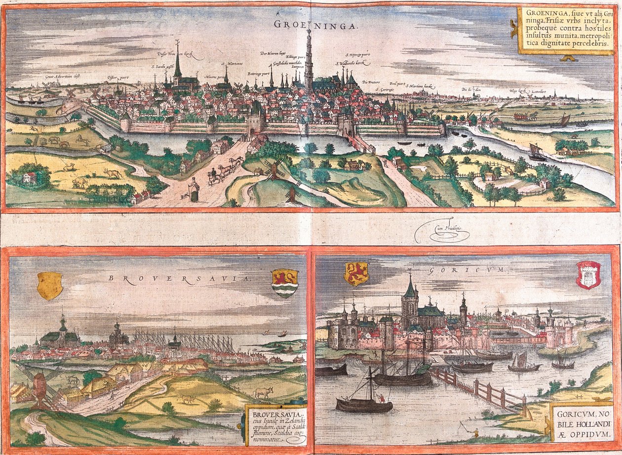 Widoki Groningen (Groeninga), Brouwershaven (Broversavia) i Gorinchem (Goricum), w Holandii (akwaforta autorstwa Franz Hogenberg