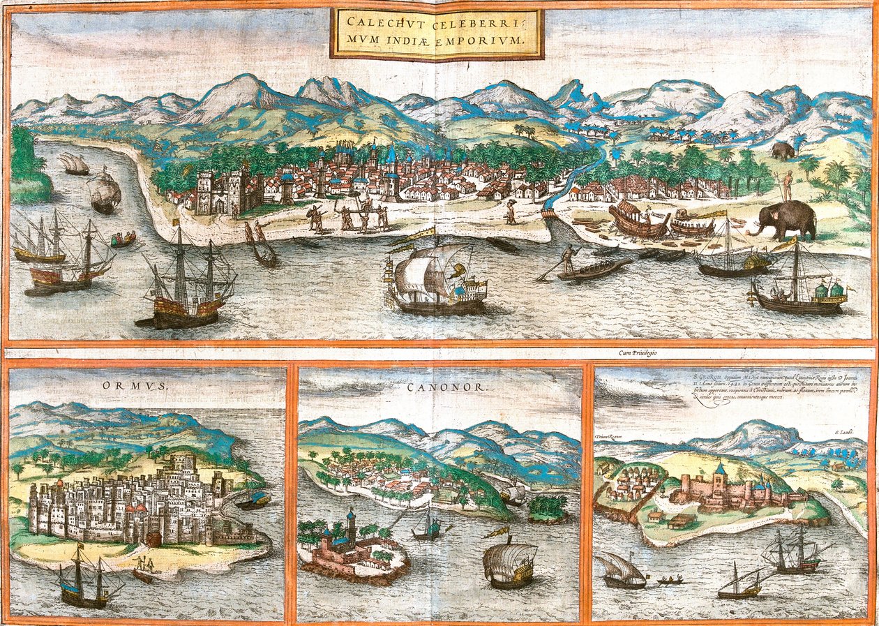 Widoki Kozhikode lub Calicut (Indie), Ormuz (Iran), Cannanore lub Kannur (Indie) i św. George of the Mine (S. George) lub Elmina (Ghana) (akwaforta) autorstwa Franz Hogenberg