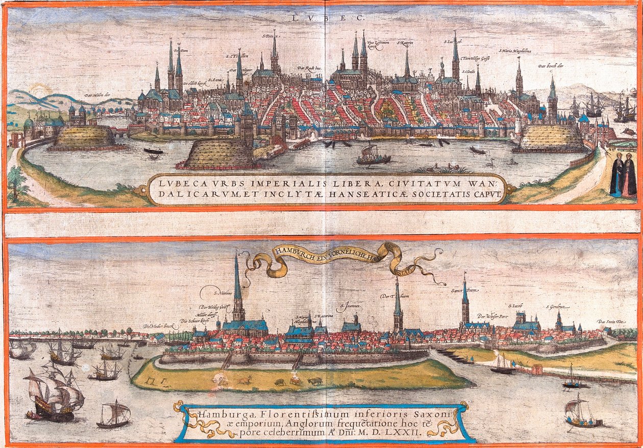 Widoki Lubeki (Lubeca) i Hamburga (Hamburga), Niemcy (akwaforta) autorstwa Franz Hogenberg