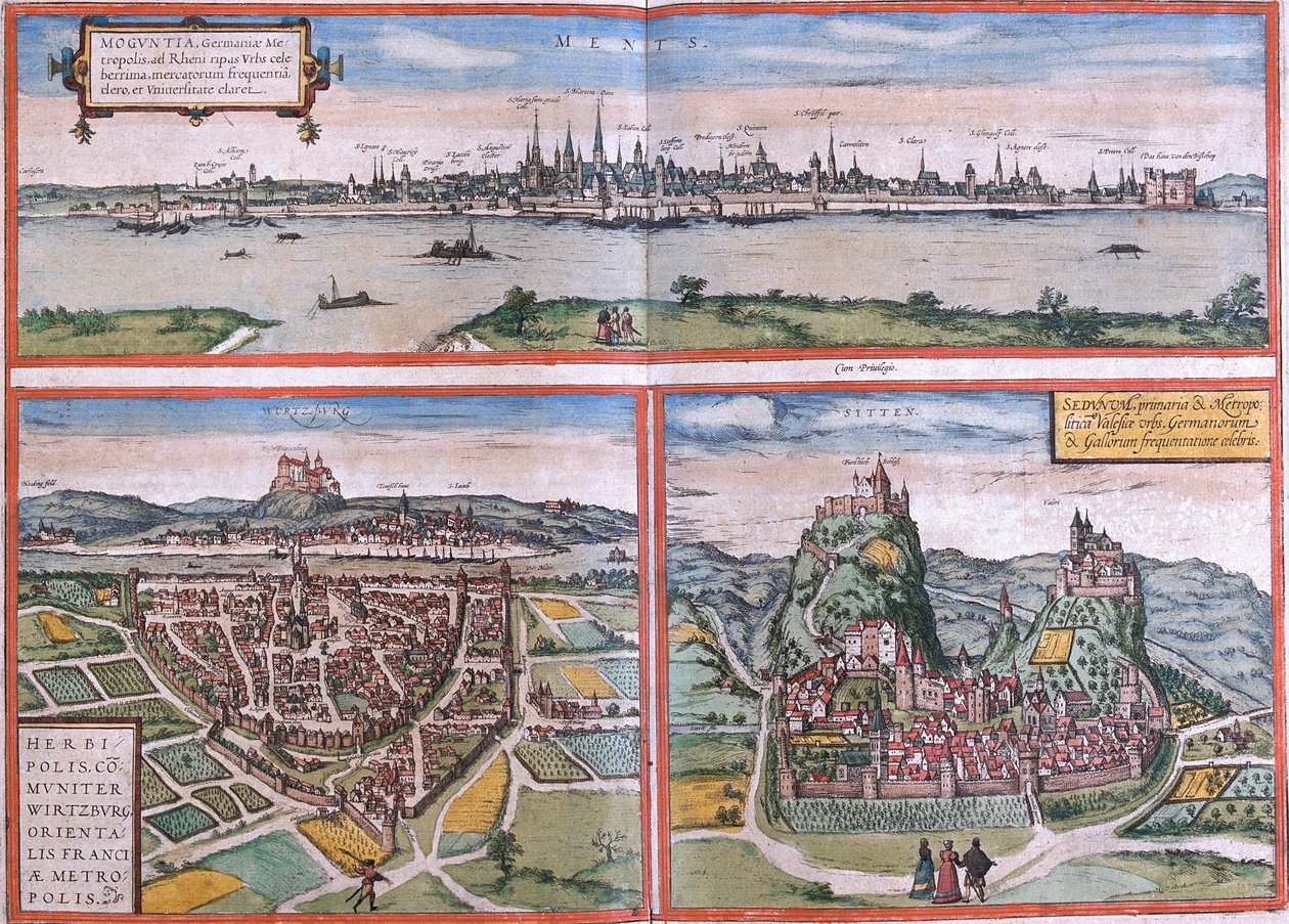 Widoki Moguncji (Moguntia), Würzburga w Niemczech i Sion (Sedunum) w Szwajcarii (akwaforta autorstwa Franz Hogenberg