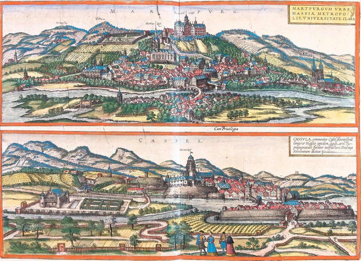 Widoki Marburga (Martpurgum) i Cassel (Cassila), Niemcy (akwaforta) autorstwa Franz Hogenberg