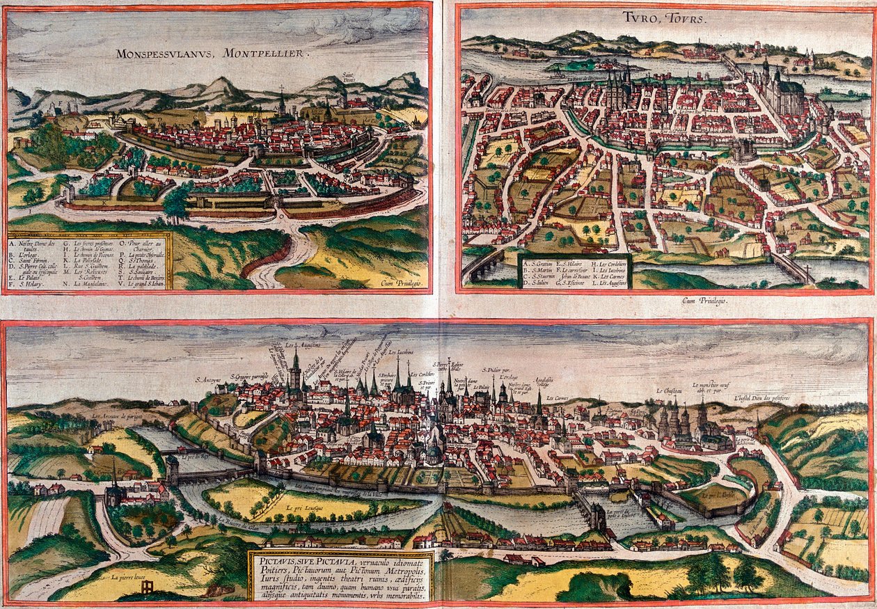 Widoki Montpellier (Monspessulanus), Tours (Turo) i Poitiers (Pictavis), Francja (akwaforta autorstwa Franz Hogenberg