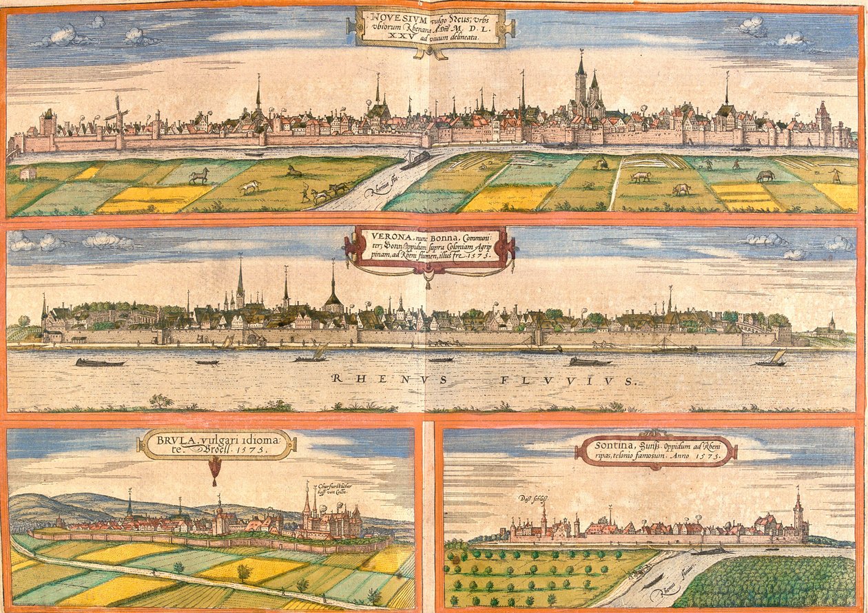 Widoki Neuss (Novesium), Bonn (Werona), Bruhl (Brula) i Zons (Sontina), Niemcy (akwaforta autorstwa Franz Hogenberg