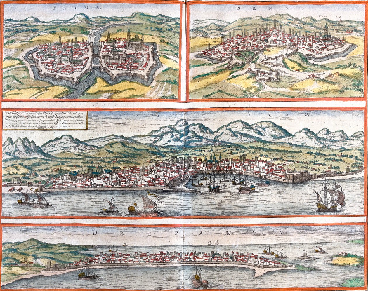 Widoki na Parmę (Parma), Sienę (Sena), Palermo (Panhormus) i Trapani (Drepanum) (Sycylia), Włochy (akwaforta autorstwa Franz Hogenberg
