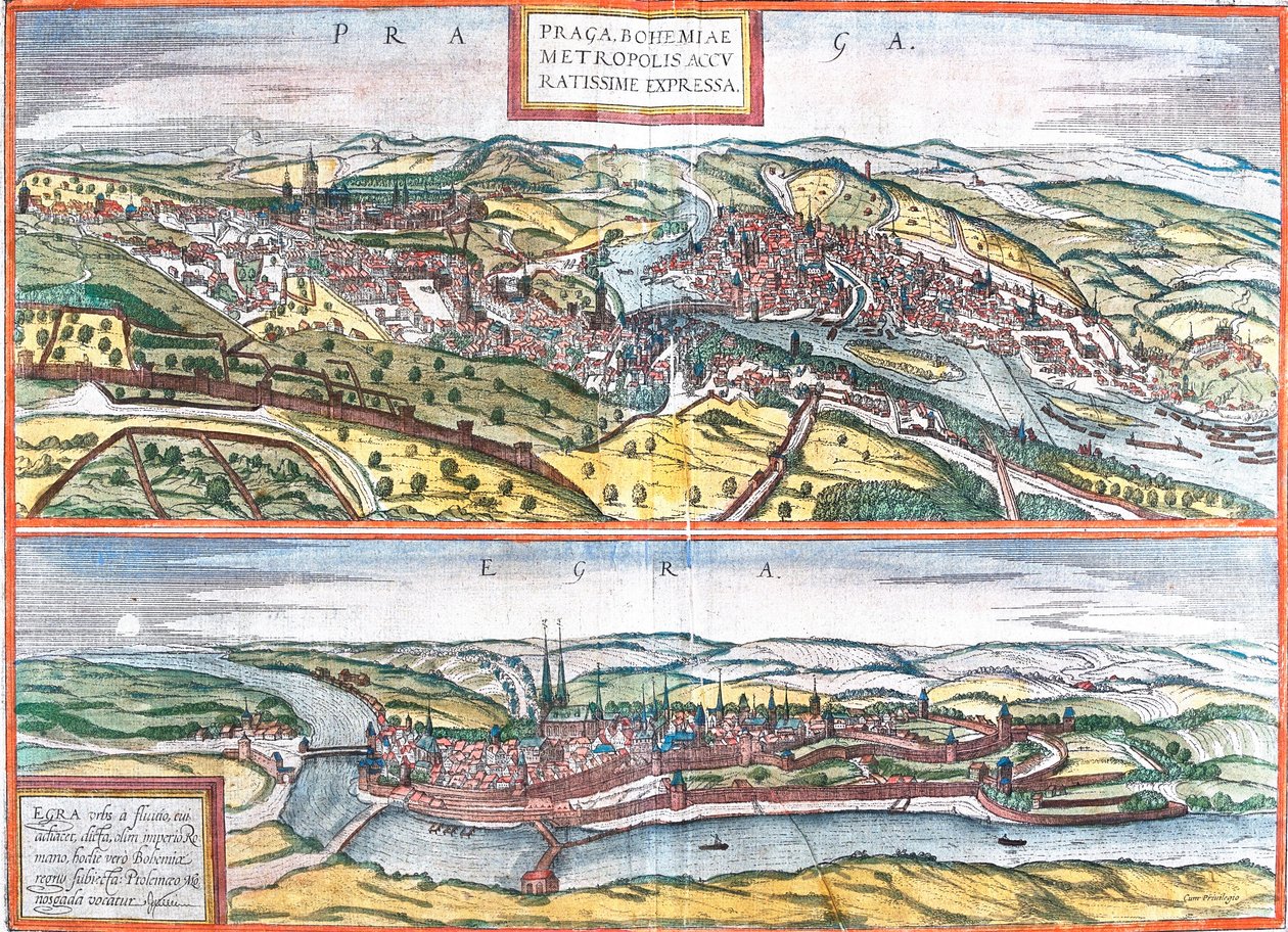 Widoki Pragi (Praga) i Egry w Czechach (akwaforta autorstwa Franz Hogenberg