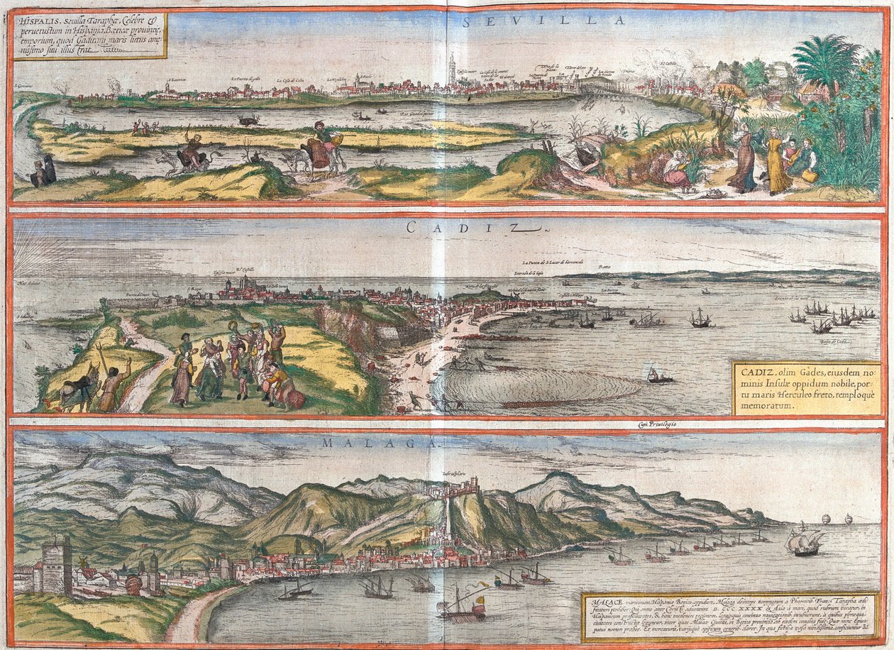 Widoki Sewilli (Sevilla), Cadiz (Cadiz) i Malagi w Hiszpanii (akwaforta) autorstwa Franz Hogenberg