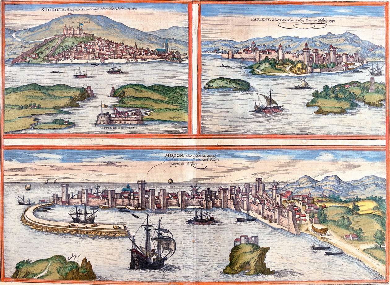 Widoki Sibenik (Sibinium, Sibenicho), Porec (Rodzic, Rodzice), Chorwacja i Modon (Modona), Grecja (akwaforta autorstwa Franz Hogenberg