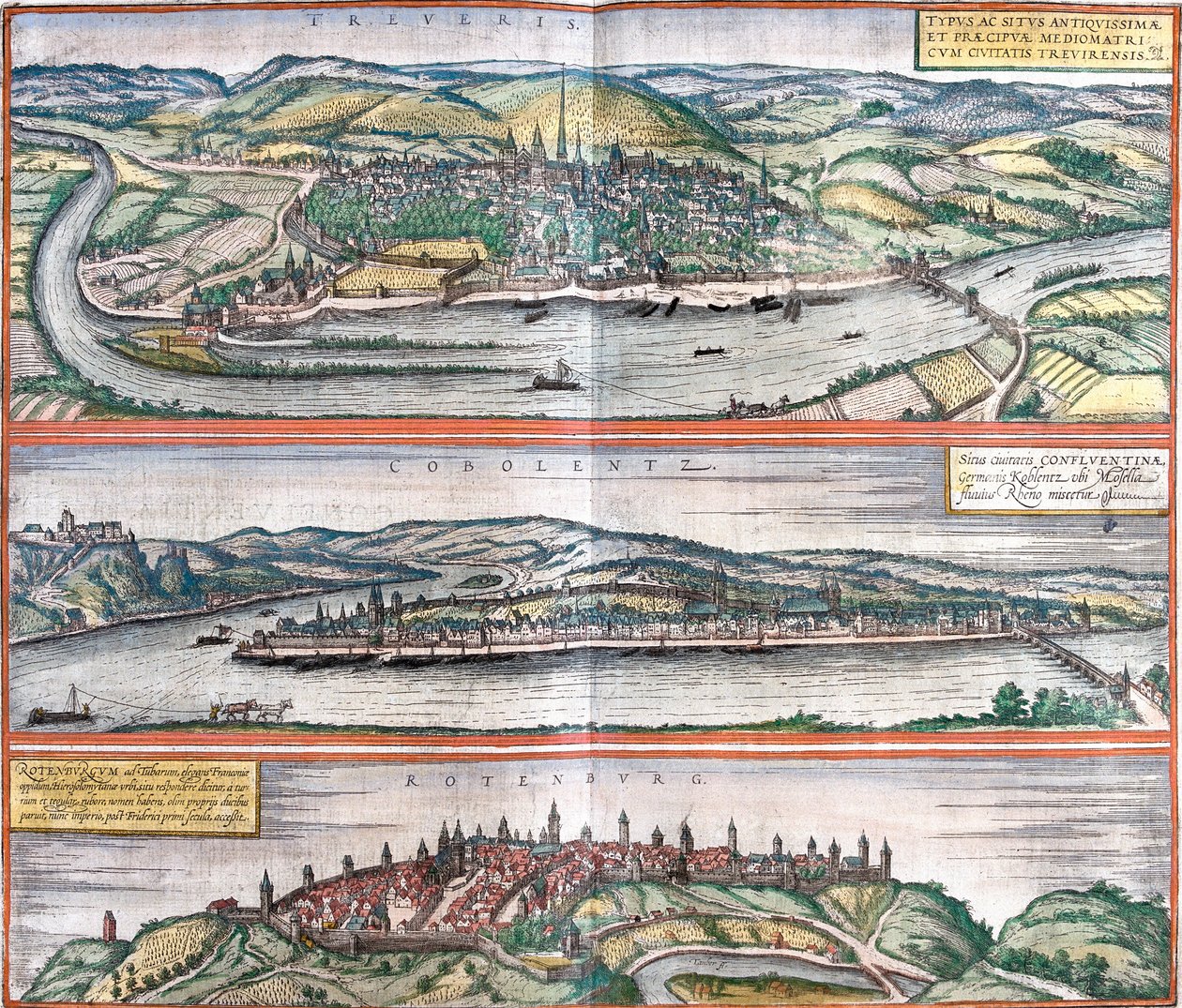 Widoki Treves (Treveris), Koblenz (Coboletz) i Rothenburg (Rotenburgum), Niemcy (akwaforta autorstwa Franz Hogenberg