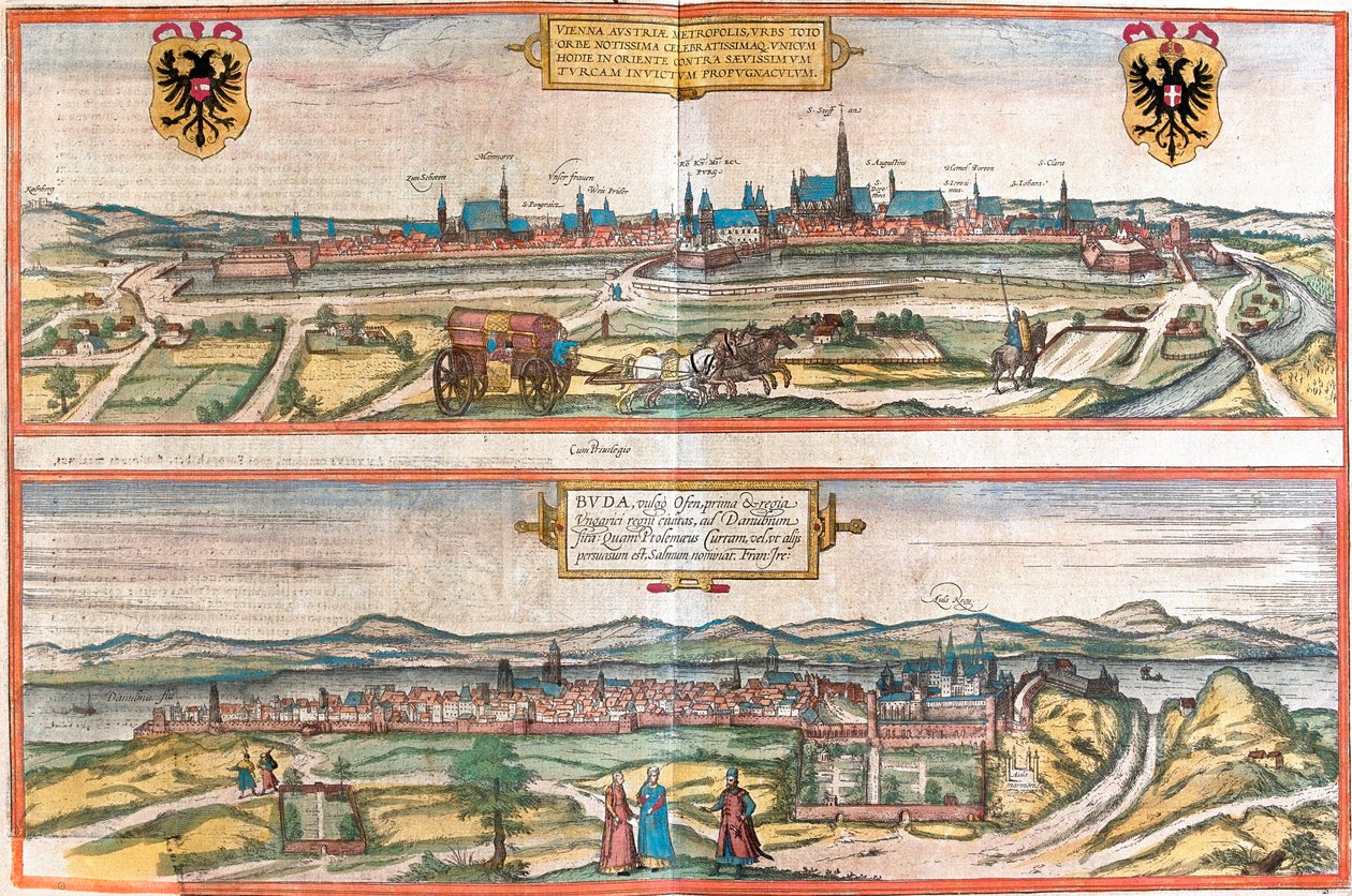 Widoki na Wiedeń (Wiedeń), Austrię i Budapeszt (Buda), Węgry (akwaforta) autorstwa Franz Hogenberg