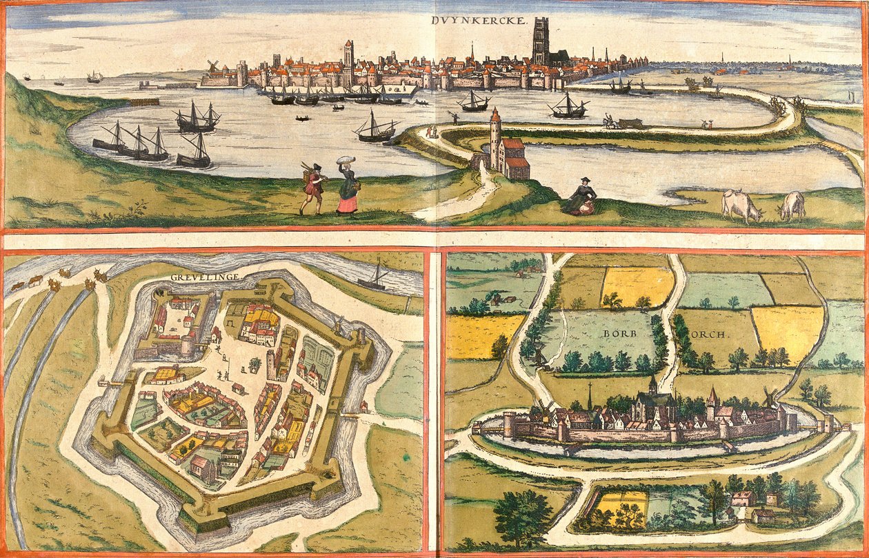 Widoki Dunkierki (Duynkercke), Gravelines (Grevelinge) i Bourbourg (Borborch), Francja (akwaforta autorstwa Franz Hogenberg