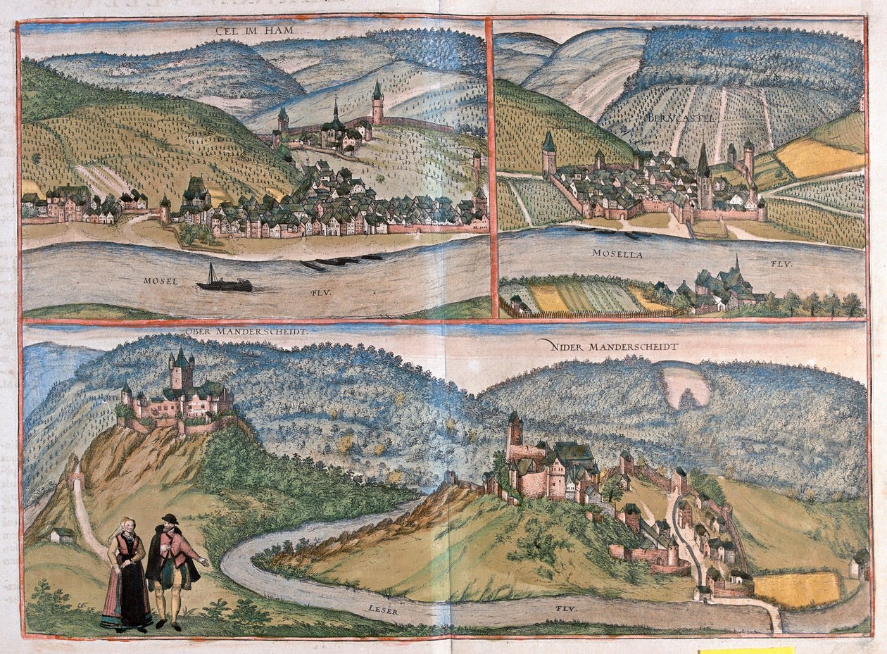 Zell an der Mosel, Bernkastel-Kues, Manderscheid, Niemcy (Grawerowanie autorstwa Franz Hogenberg