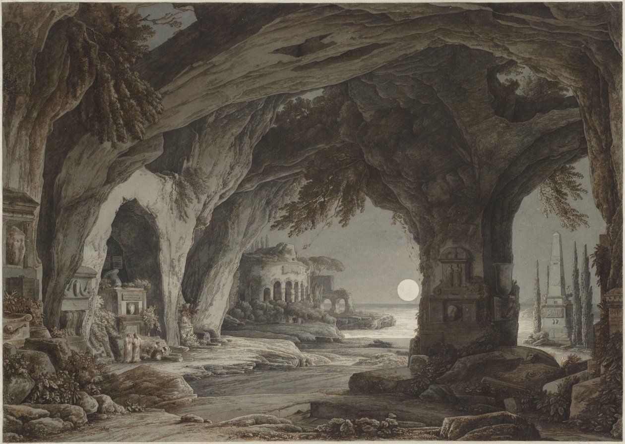 Idealny krajobraz z grotą skalną, grobowcami i ruinami w świetle księżyca 1790. autorstwa Franz Innocenz Josef Kobell