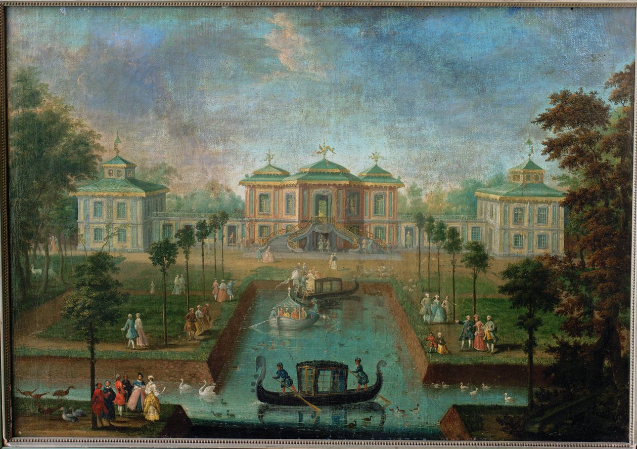 Życie dworskie w parku pałacu Augustusburg wokół Domu Indyjskiego, widok od wschodu ... autorstwa Franz Jakob Rousseau