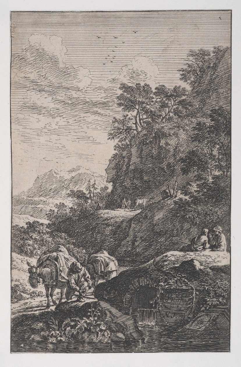 Tablica 1: wieśniak sprawdzający kopyto swojego muła nad strumieniem, z „Krajobrazy w t…, ok. 1930”. 1700-25. autorstwa Franz Joachim Beich