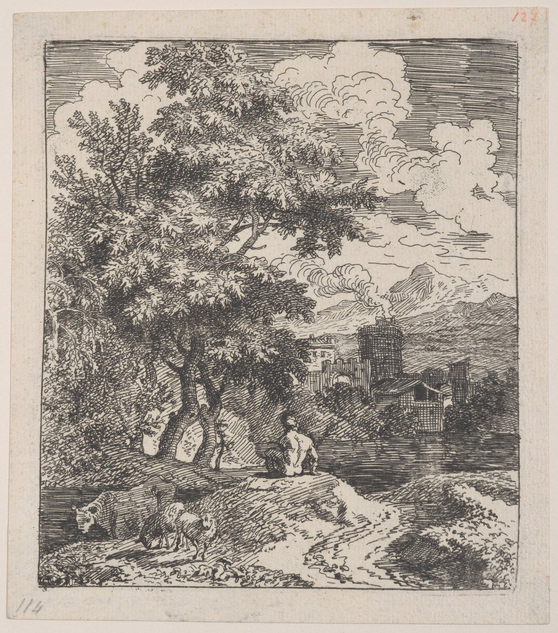 Ilustracja 3: pasterz siedzący na wzgórzu, po lewej krowa i dwie owce, miasto w ri..., ok. godz. 1700-25. autorstwa Franz Joachim Beich