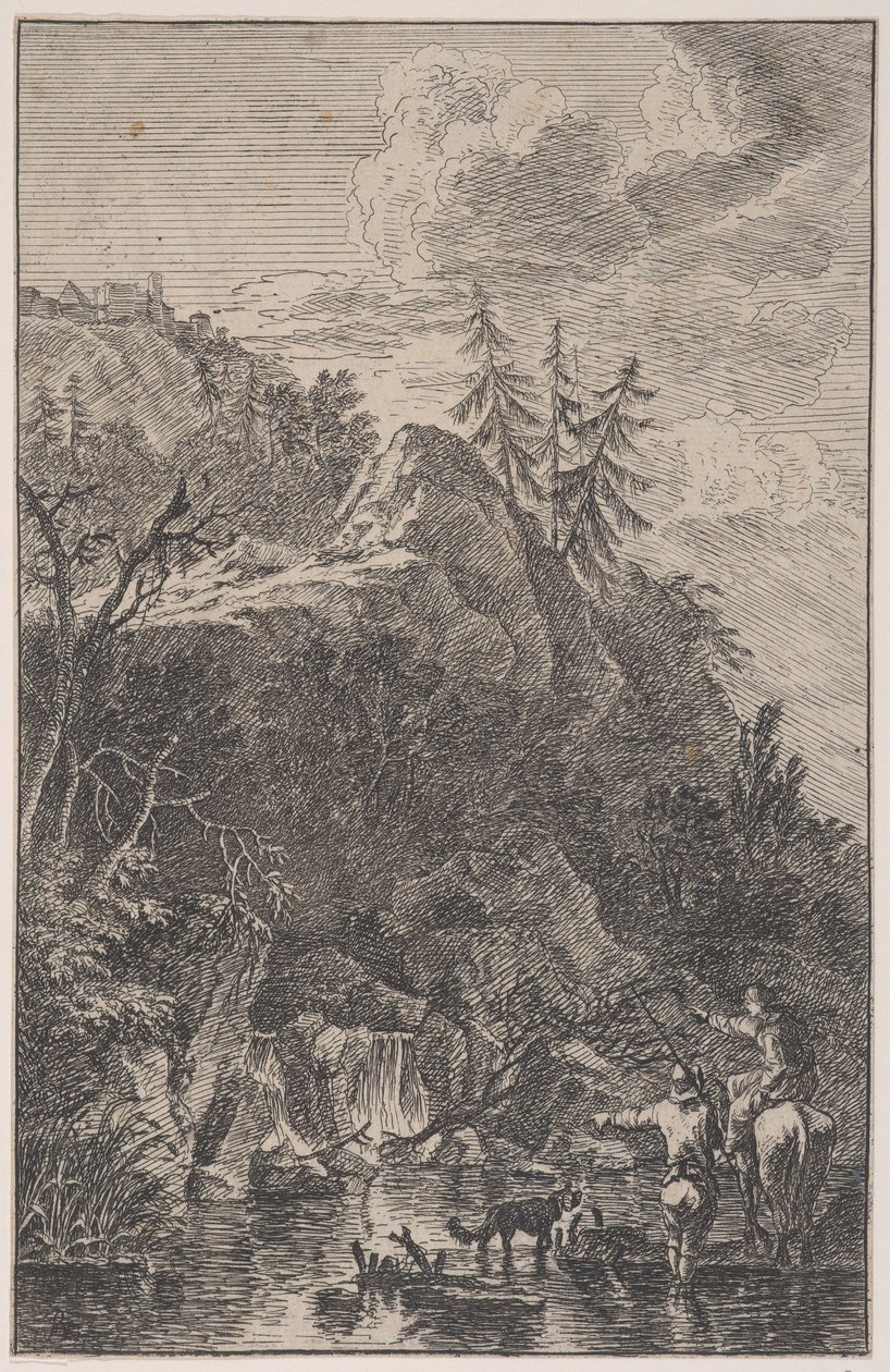 Ilustracja 5: postać kobieca na koniu i postać męska z psem stojącym na ulicy, ok. godz. 1700-25. autorstwa Franz Joachim Beich
