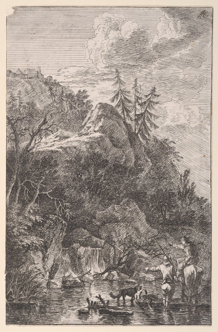 Ilustracja 5: postać kobieca na koniu i postać męska z psem stojącym na ulicy, ok. godz. 1700-25. autorstwa Franz Joachim Beich