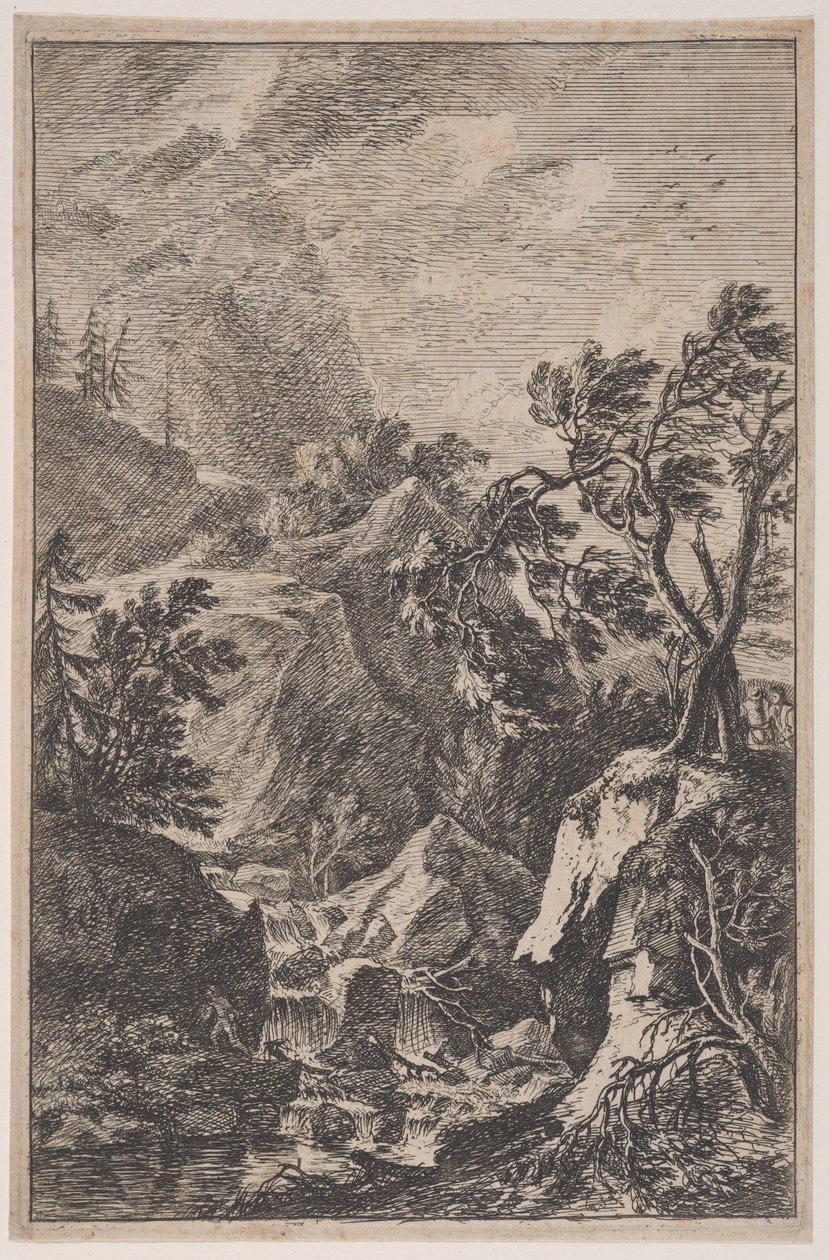 Ilustracja 6: dwie postacie męskie stojące na skale po prawej stronie, pośrodku wodospad z..., ca. 1700-25. autorstwa Franz Joachim Beich