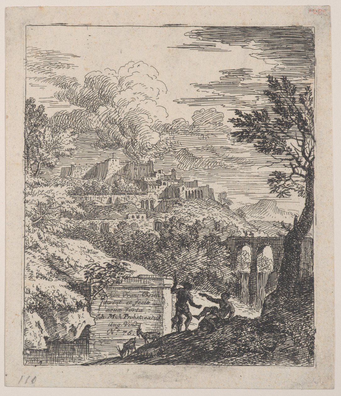 Dwóch pasterzy odpoczywających przy postumencie, w głębi akwedukt,..., ca. 1700-25. autorstwa Franz Joachim Beich
