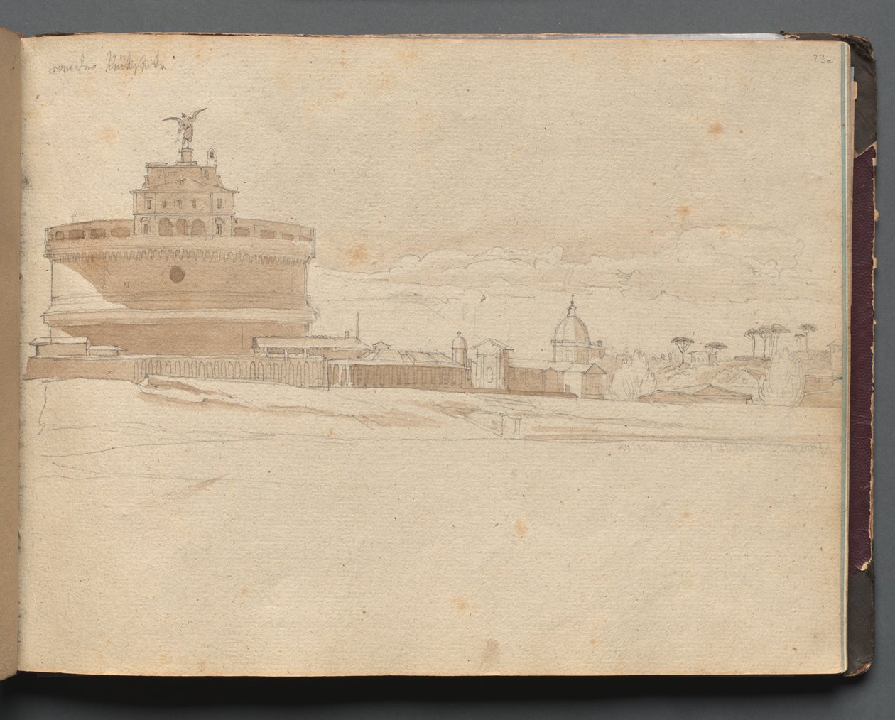 Album z Widokami Rzymu i okolic, Studia krajobrazowe, strona 23a: Zamek św. Anioła, Rzym. autorstwa Franz Johann Heinrich Nadorp