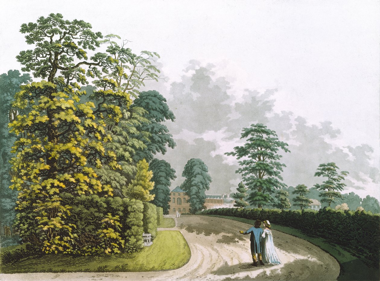 Widok z boku pałacu w Kensington Gardens, ryty przez Heinricha Josepha Schutza (1760-1822), wyd. 1798 przez Ackermanna (akwatinta) autorstwa Franz Joseph after Manskirch