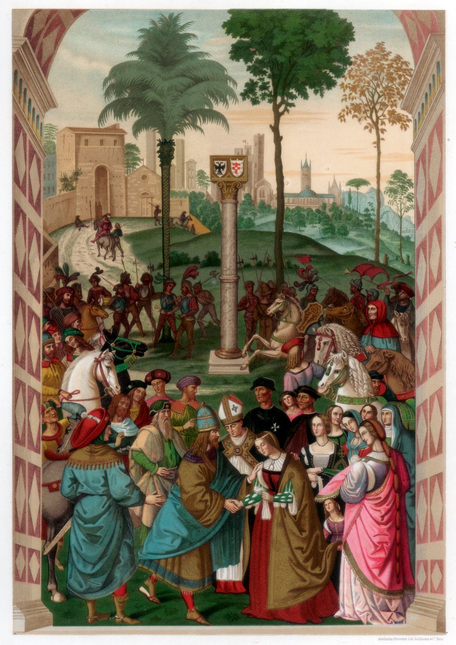Eneasz Piccolomini przedstawia Eleonorę z Portugalii Fryderykowi III, 1502-1508, 1870 autorstwa Franz Kellerhoven