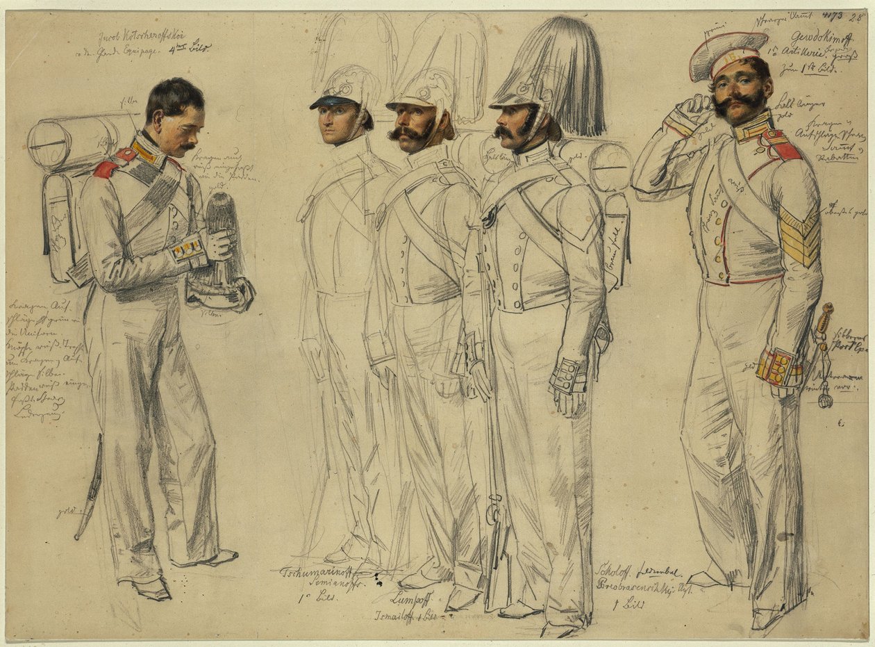 Jacob Kotscheroffskoy, Tschumarinoff Semianoffs, Lumpoff Ismailoff, Sokoloff, feldfebel Gewdokimoff autorstwa Franz Krüger