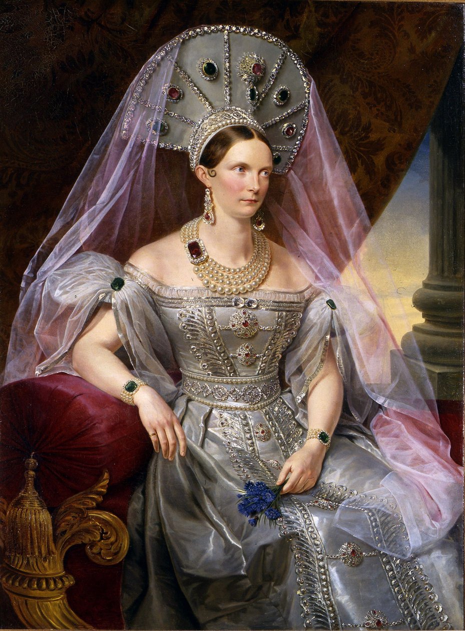 Portret cesarzowej Aleksandry Fiodorownej Charlotty Pruskiej, w kokoszniku, ok. 1836 r. autorstwa Franz Krüger