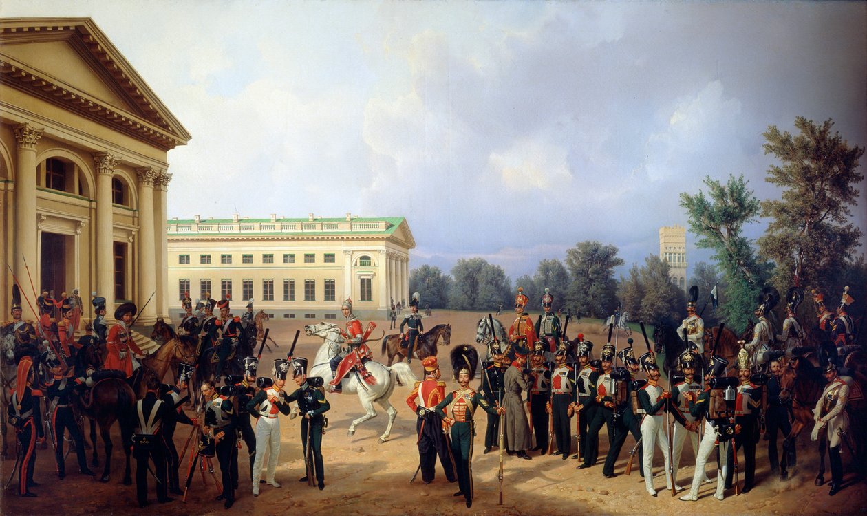 Cesarska Gwardia Rosyjska w Carskim Siole w latach 1832, 1841. autorstwa Franz Krüger