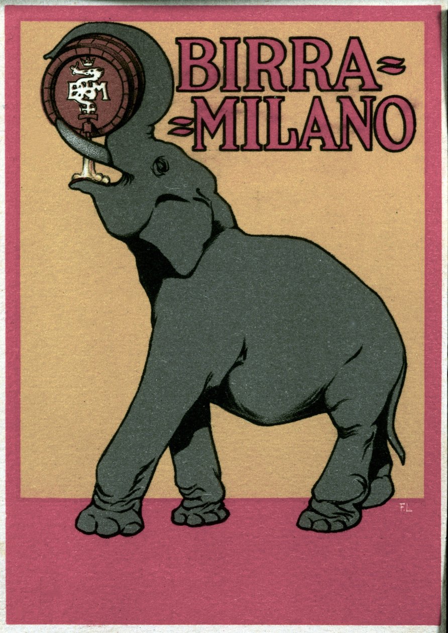 Plakat reklamowy piwa Milano ilustrowany przez Franza Laskoffa (1869-1921) przedstawiający słonia pijącego trąbą bezpośrednio z beczki. XX wiek autorstwa Franz Laskoff