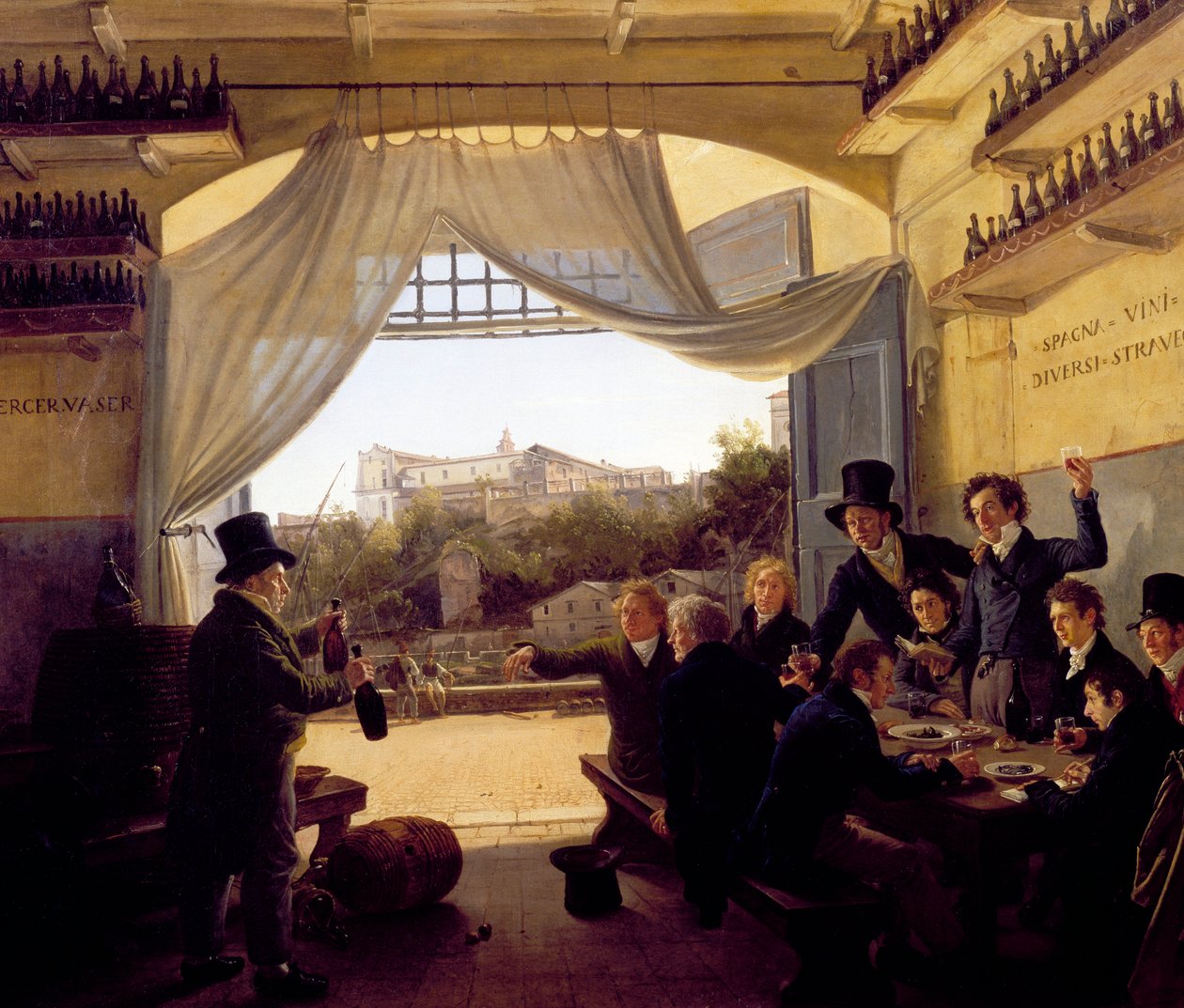 Ludwik II de Baviere pijący z przyjaciółmi w hiszpańskiej winiarni w Rzymie. 1824 (olej na drewnie) autorstwa Franz Ludwig Catel