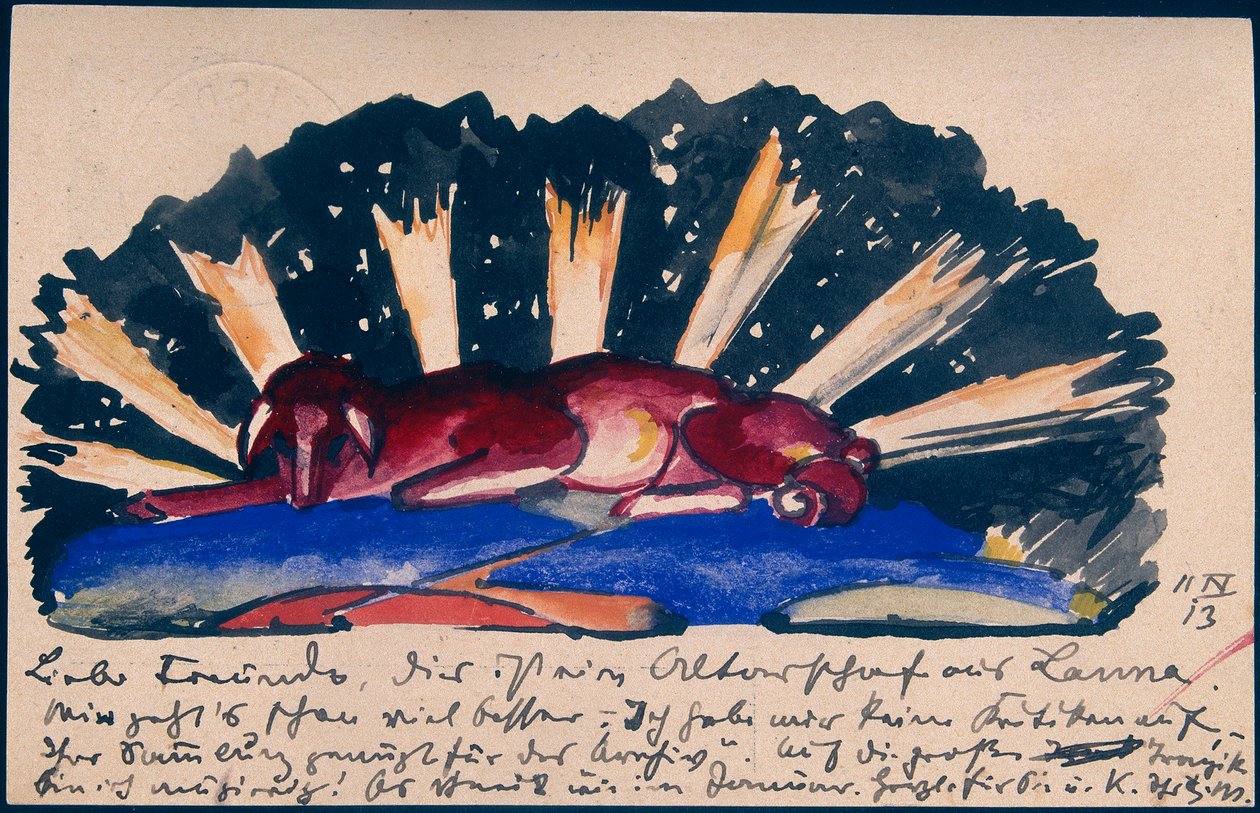 "Owca ołtarzowa z Lany", Franz Marc z Sindelsdorf do Gabriele Münter w Monachium: pocztówka, data stempla pocztowego 11 kwietnia 1913 autorstwa Franz Marc