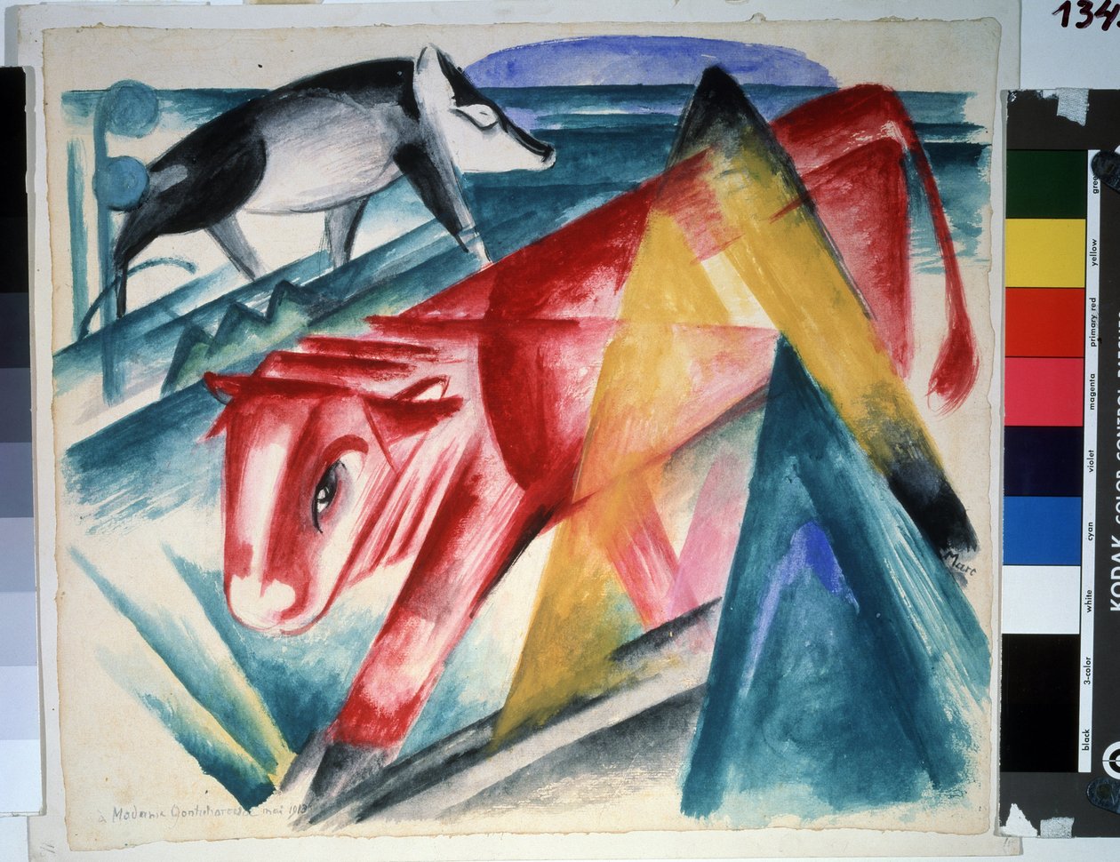 „Zwierzęta” (Zwierzęta) Krowa i dzik. Akwarela Franza Marca (1880-1916) (ekspresjonizm) 1913. Rozmiar 39x45 cm Muzeum Puszkina, Moskwa autorstwa Franz Marc