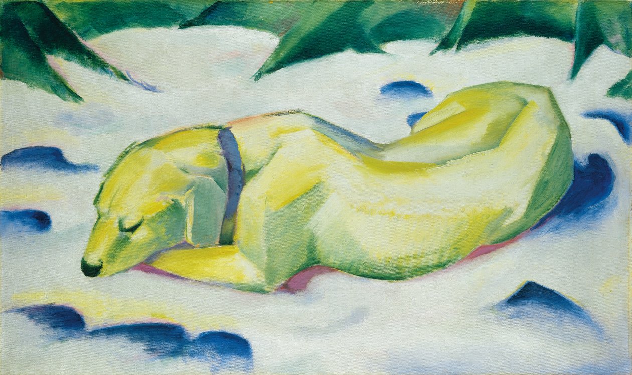 Pies leżący na śniegu, ok. 1911 (olej na płótnie) autorstwa Franz Marc