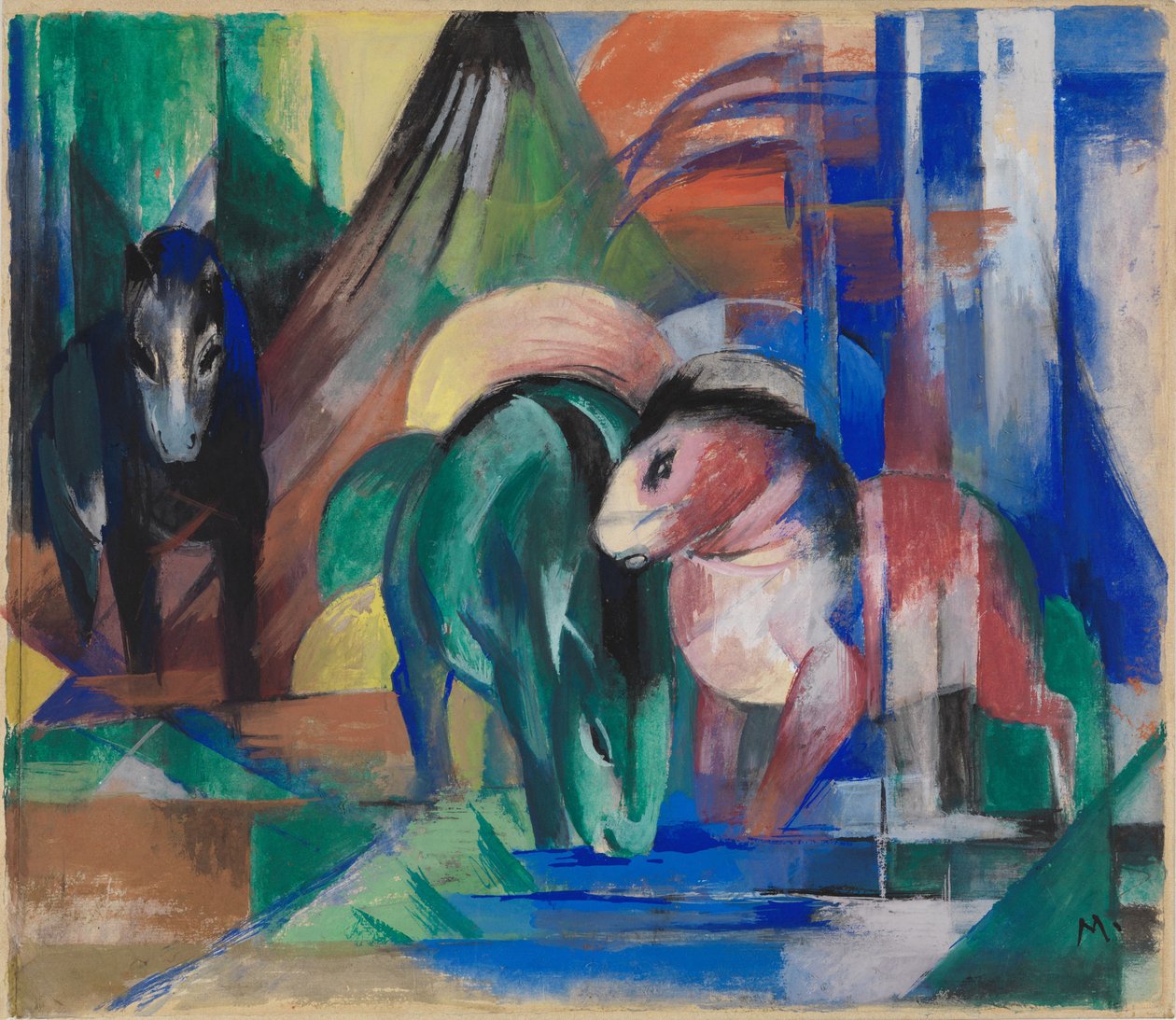 Trzy konie przy leśnej wodzie autorstwa Franz Marc