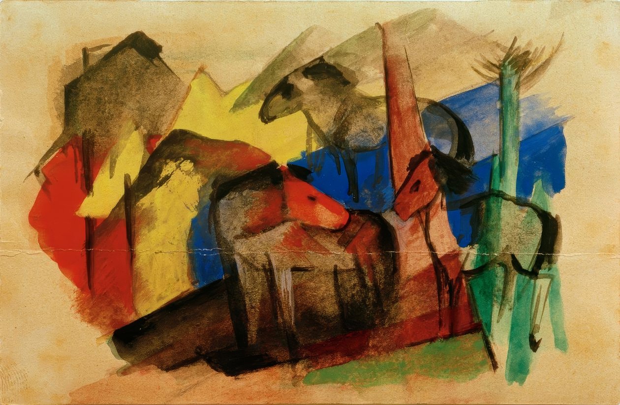 Trzy konie w krajobrazie z domami autorstwa Franz Marc