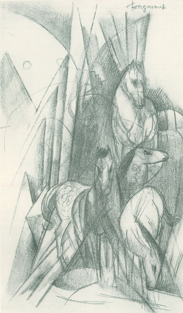 Kompozycja koni i abstrakcyjnych kształtów autorstwa Franz Marc