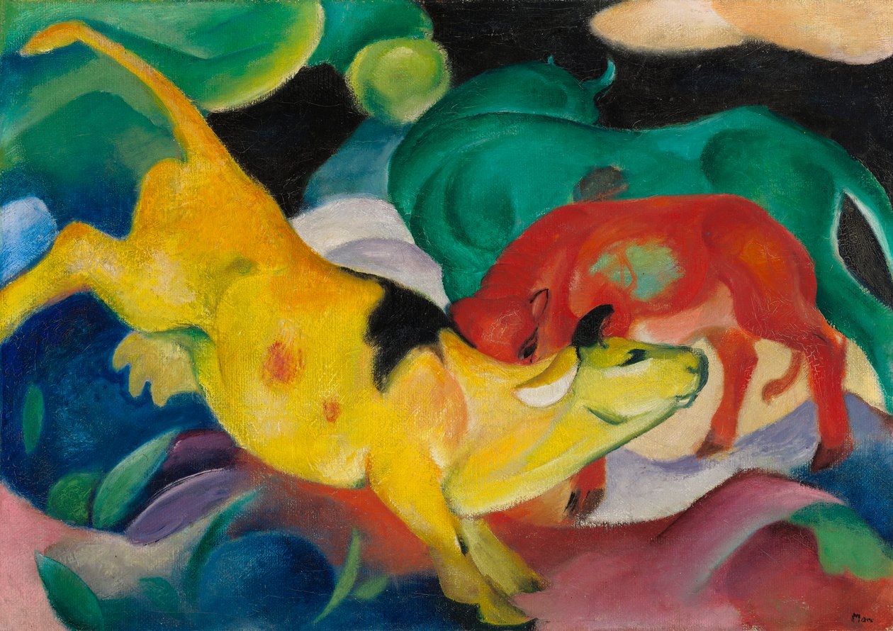 Krowy, czerwone, zielone, żółte autorstwa Franz Marc