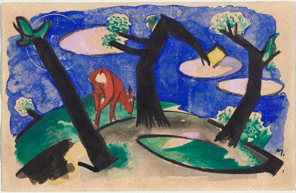Pejzaż z czerwonym zwierzęciem, pocztówka z Sindelsdorf do Alfreda Kubina w Wernstein/Zwickledt autorstwa Franz Marc
