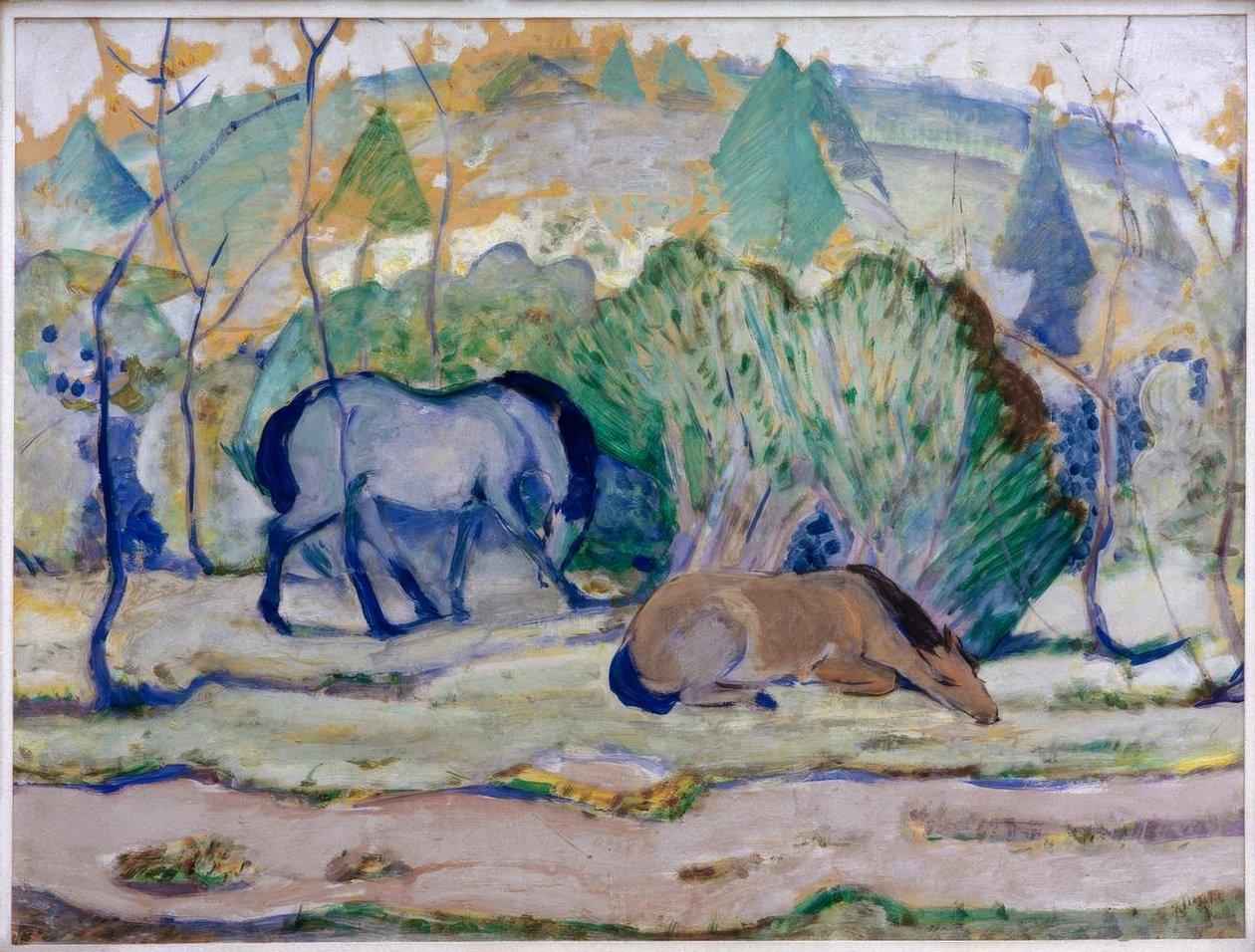Konie na pastwisku (konie w krajobrazie) autorstwa Franz Marc